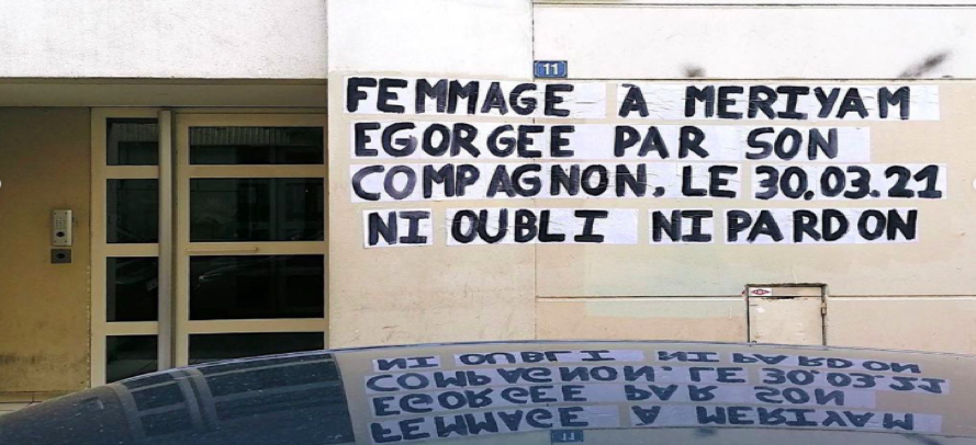 Femmage for Meriyam, slaughtered by her partner, 30/03/21. We won't forget nor forgive — @Collages_Féminicides_Paris, 2021